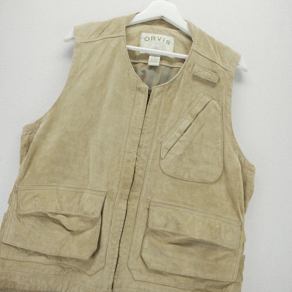 Orvis Sporting Traditions Mens M Tan Leather Suede Shooting Hunting Fishing Vest